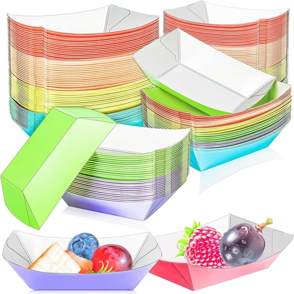 100 Pack Colorful 1/4Lb Paper Boat Trays Disposable Small Paper Plates Containers, 0.25Lb Mini Serving Boat Tray Bowl for Snack Fries Dessert Popcorn Sauce BBQ Taco Nacho