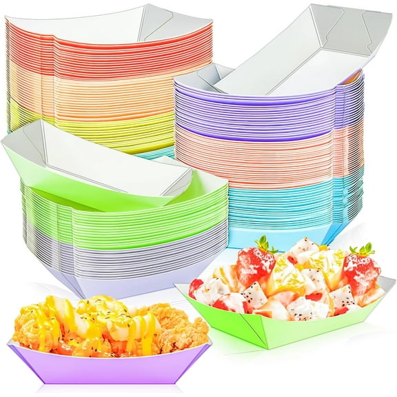 100 Pack Colorful 2Lb Paper Food Boat Trays Disposable Paper Boats Bowls Containers, Kraft Food Serving Tray Boat Plates for Snack Popcorn Dessert Burger Hot Dog Sandwich Taco Fries Nacho