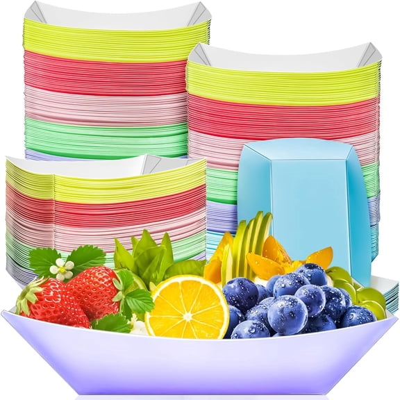 100 Pack Colorful 3LB Paper Food Boat Trays Disposable Paper Boats Plates Containers, Colored Kraft Food Serving Boat Tray Basket for Snack Sandwich Burger BBQ Dessert Popcorn Taco Fries Nacho