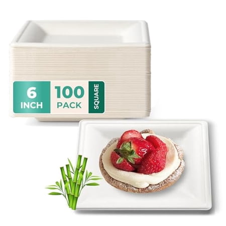 Fit Meal Prep 100 Pack Compostable Paper Plates, 6" Appetizer Plates Square Dessert, Heavy-Duty Disposable Eco-Friendly Sugarcane Plate for Party, Cake, Snack, White