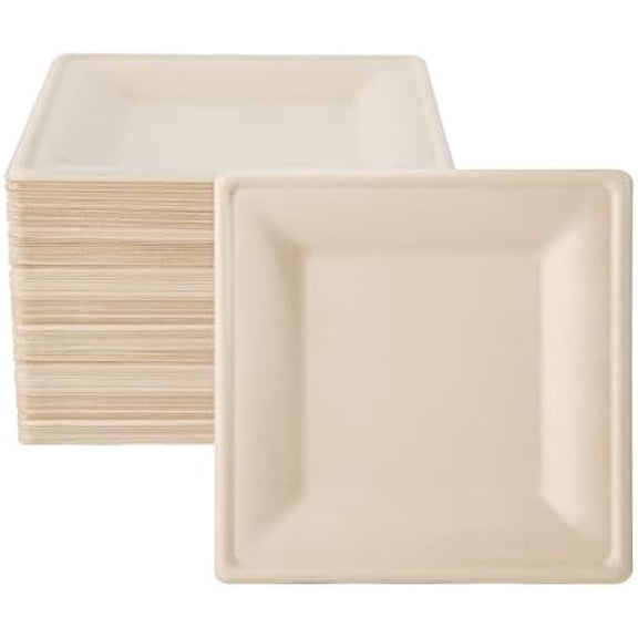 100 Pack Compostable Square Plates, 10 inch Disposable Paper Plates Made of Sugacane, Eco-friendly Heavy Duty Biodegradable