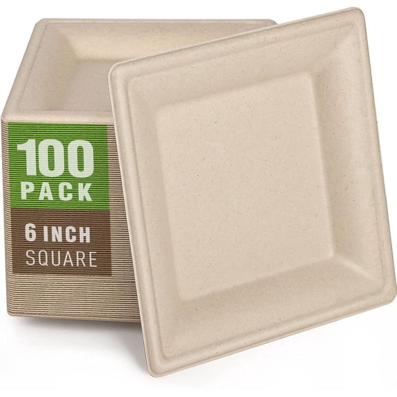100 Pack Compostable Square Plates 6 Inch Disposable Paper Plates Sugarcane Cake Plates for Party Unbleached Eco-friendly Salad Plates Biodegradable