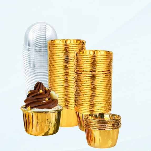 100 Pack Cupcake Liners with Lids 3.5 Oz Foil Baking Cups Mini Cupcake Liner Disposable Cupcake Liners Muffin Holders Cupcake Holders for Wedding Birthday Party Valentine's Day, Gold
