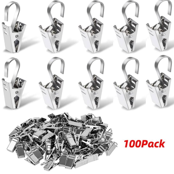 100 Pack Curtain Clips Hooks , Stainless Iron Drapery Hooks Clips for Hanging Party String Lights Christmas Courtyards Decoration, Art Craft Display, Gutter Tent Camper Awning Hangers, Silver