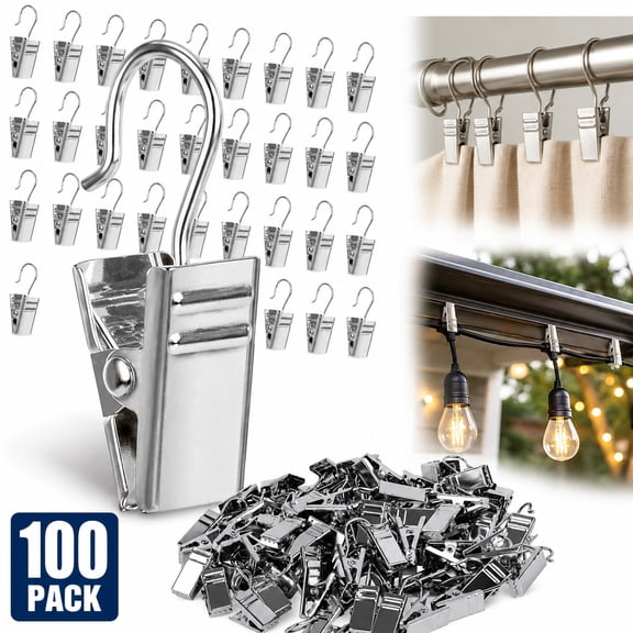 100 Pack Curtain Clips Hooks , Stainless Iron Drapery Hooks Clips for Hanging Party String Lights Christmas Courtyards Decoration, Art Craft Display, Gutter Tent Camper Awning Hangers, Silver