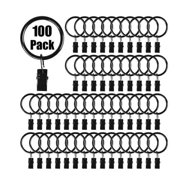 100 Pack Curtain Rings with Clips, Heavy Duty Drapery Clips with Rings, Drapes Rings 1.25 in Interior Diameter, Curtain Hangers Clips, Matte Black