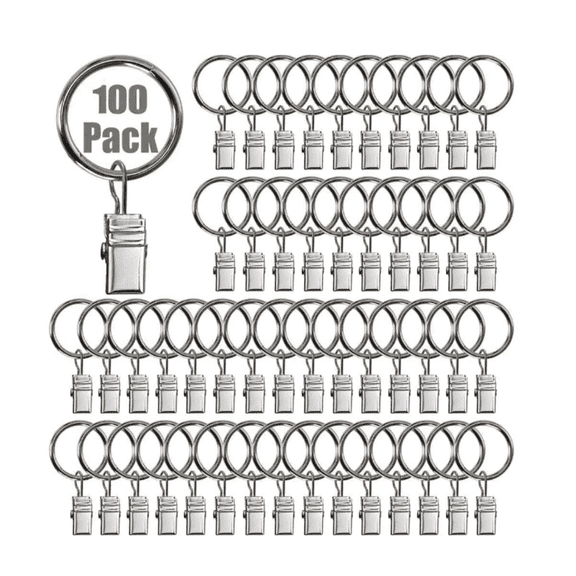 100 Pack Curtain Rings with Clips, Heavy Duty Drapery Clips with Rings, Drapes Rings 1.25 in Interior Diameter, Curtain Hangers Clips, Matte Silver