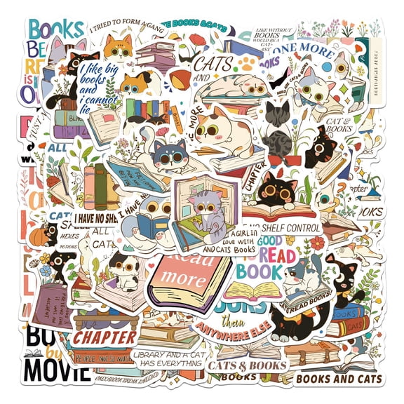 100-Pack Cute Cat Reading Stickers, Bookish Kitty Aesthetic Decals, Waterproof Vinyl for Laptop, Tablet, Journal, Water Bottle & Luggage