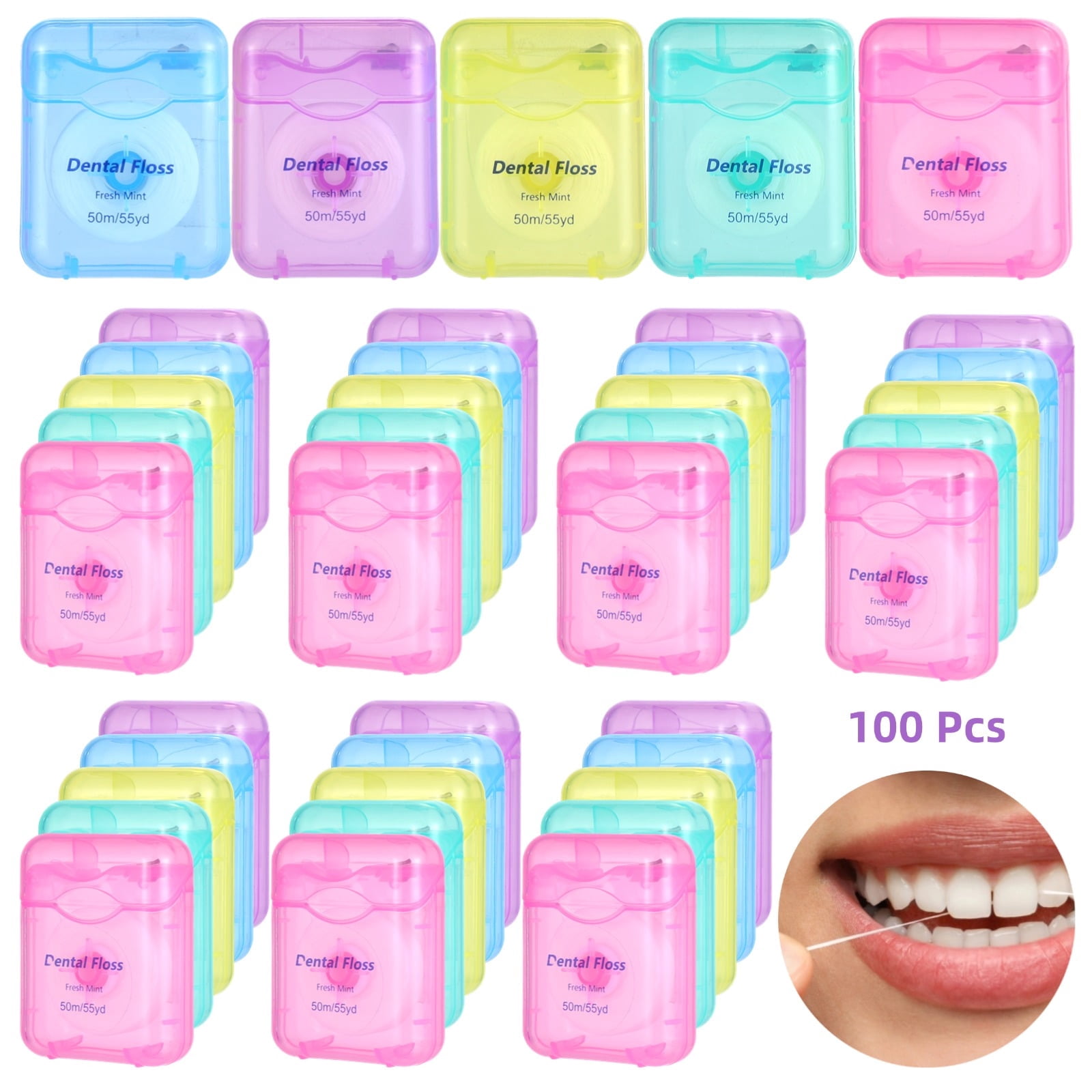 100 Pack Mint Flavored Dental Floss with Portable Case & Metal Cutter - 55 Yard Bulk Oral Care Dental Floss for Home & Travel, 5 Colors