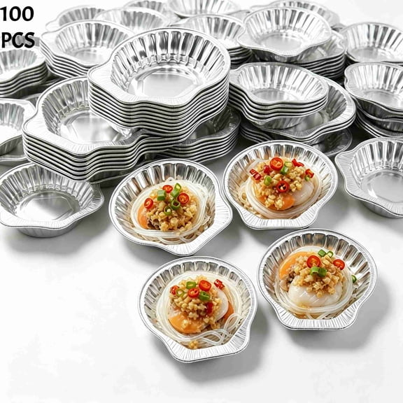 100 Pack Disposable Aluminum Foil Clam Shell Oyster Trays, 3.8 x 3.7 Inch Small Foil Shell Cups for Baking Oysters, Seafood, Appetizers, Grill and Party Food Serving