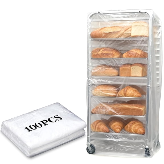 100 Pack Disposable Bun Pan Rack Covers, 53"x79" Clear Plastic Commercial Grade Food Safety Covers for Sheet Pans and Wire Racks