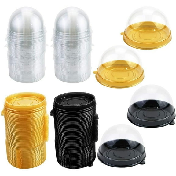 100-Pack Disposable Clear Plastic Cupcake Boxes 2.76"x1.78" - Bakery, Muffins, Dessert, Mooncake Packaging (50 Gold + 50 Black)