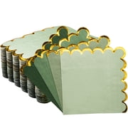 100 Pack Disposable Cocktail Napkins, 5 x 5 Inches, 2-Ply, Scalloped Edge Gold Foil for Dinner Wedding Birthday Party Bridal Anniversary Reception Event-Green