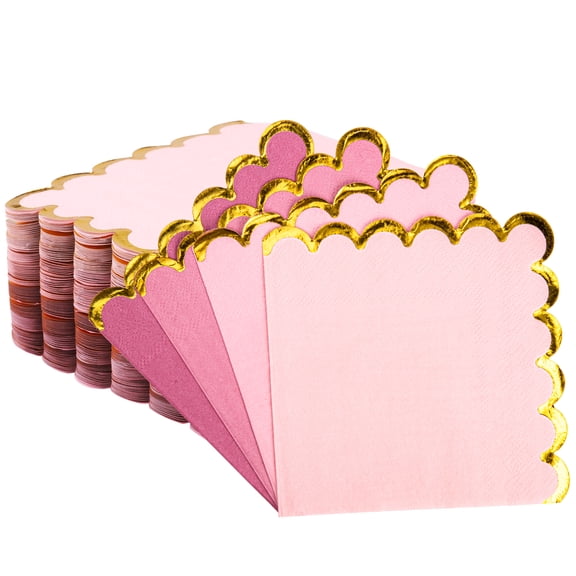 100 Pack Disposable Cocktail Napkins, 5 x 5 Inches, 2-Ply, Scalloped Edge Gold Foil for Dinner Wedding Birthday Party Bridal Anniversary Reception Event-Pink