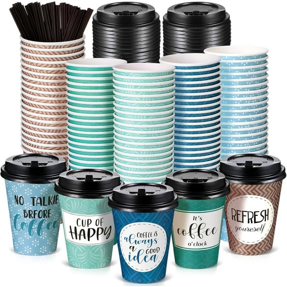 100 Pack Disposable Coffee Cups with Lids and Straws, Motivational Paper Cups with 6 Quotes and Designs Disposable Hot Cups for Water, Juice, Coffee, Tea, Home, Shop Cafe (Cool Style,12 oz)