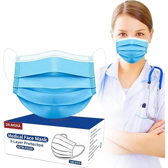 100 Pack Disposable Face Masks -ASTM Level 2, Medical Grade 3 Ply Protection Face Mask for Adults
