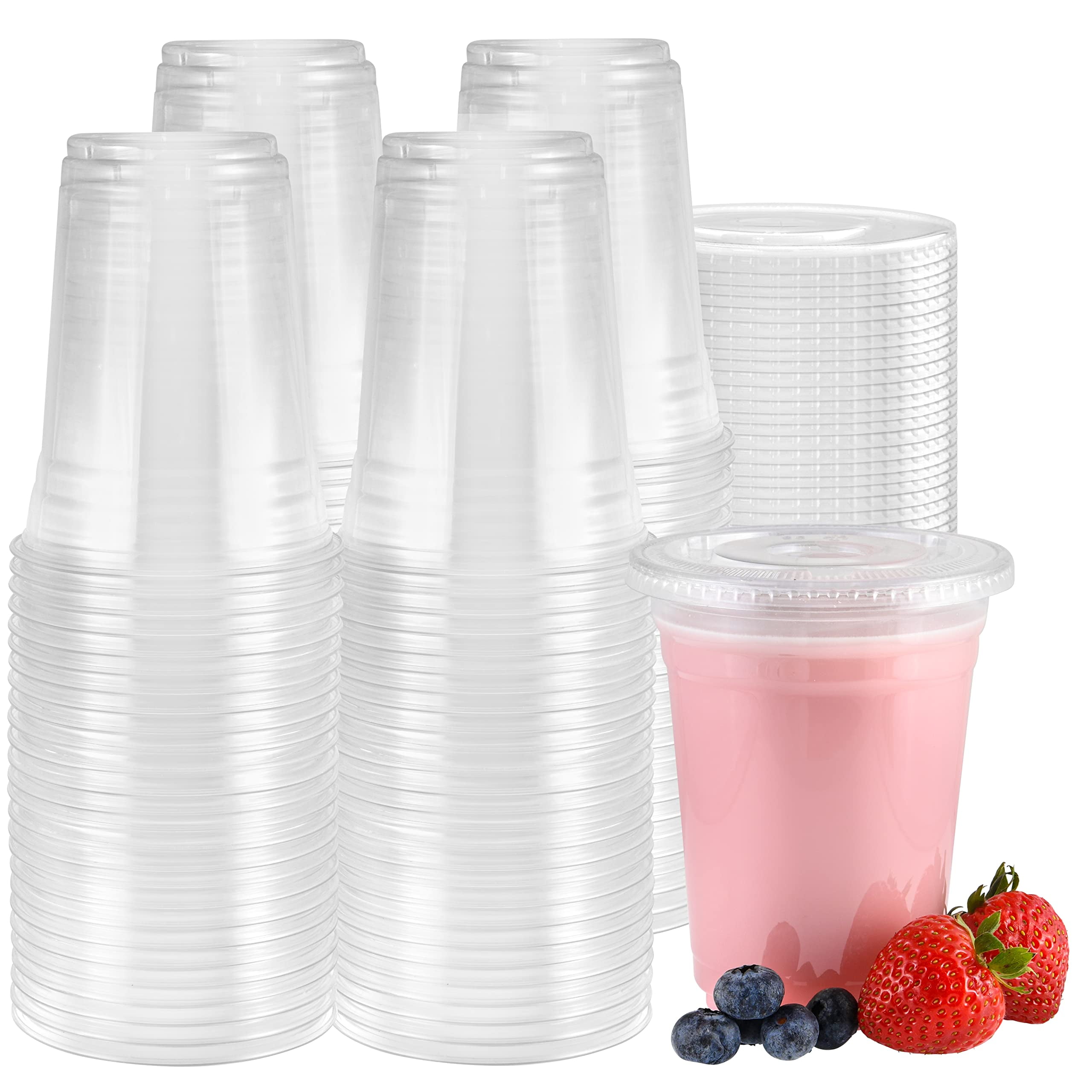 100Pack Disposable Hard Plastic Cups with Flat Lids 16 oz Crystal