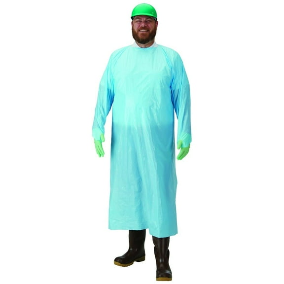 100-Pack Disposable Poly Gowns with Thumb Loop, Medium/Tall, Blue