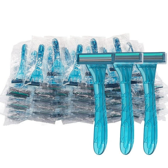 100 Pack Disposable Razors Individually Wrapped Bulk,Twin Stainless Steel Blade for Hotel, Travel(Blue)