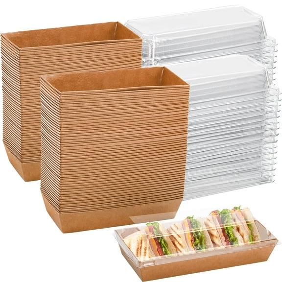 100 Pack Disposable Sandwich Containers with Clear Lids, Paper Sushi To Go Containers, Rectangle Swiss Roll Cake Boxes for Craft Dessert, Waffle, Cookie, Breads, Pastry, Food Truck Business