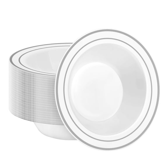 100 Pack Disposable Soup Bowls with Gold Rim, 12oz Premium Heavy Duty Plastic Dinner Bowls for Party, Wedding and Holiday