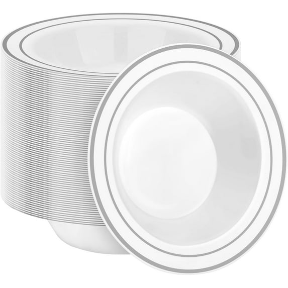 100 Pack Disposable Soup Bowls with Silver Rim, 12oz Premium Heavy Duty Plastic Dinner Bowls for Party, Wedding and Holiday
