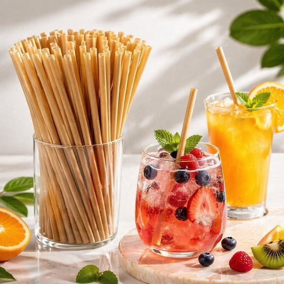 100 Pack Disposable Sugarcane Drinking Straws, Natural Compostable Plant Based Straws, Sugarcane Straws Eco-Friendly for Hot Cold Drinks, Cocktail, Juice Home Favor, Natural Brown