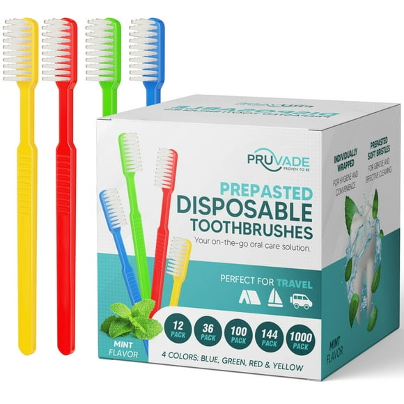 100 Pack Disposable Toothbrushes with Toothpaste, Built-in | Prepasted Toothbrushes Individually Wrapped | Single Use Waterless Tooth Brush Soft Bristles for Airbnb, Hotel, Camping, Travel - PRUVADE