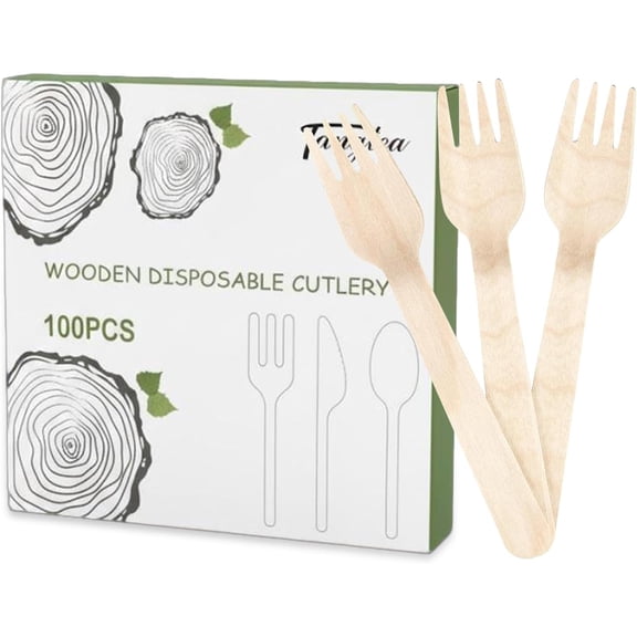 100 Pack Disposable Wooden Forks  6.2 Inch Splinter-Free Birch Cutlery  Sturdy Odourless Wood Utensils for Weddings, BBQ, Kids Parties & Camping  Smooth Unwaxed Heat Resistant Wood Forks