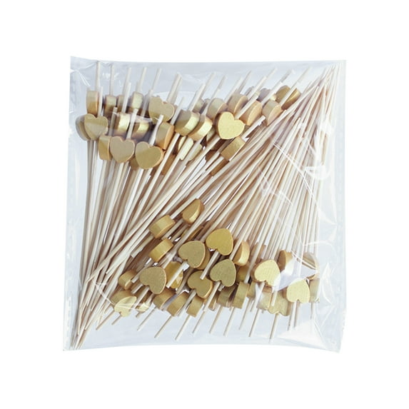 100-Pack Disposable Wooden Golden Bead Skewers for Fruit, Decorative Love Star Appetizer Sticks, 12cm Length