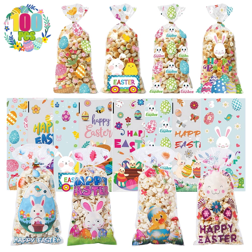 100 Pack Easter Cellophane Bags, Easter Gift Bags 5''x10.5'' Easter Treat Bags with Gold Twist