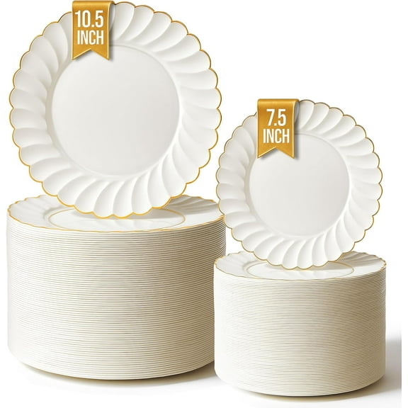 100 Pack  Elegant Ivory & Gold Scalloped Plastic Plates  Heavy-Duty Disposable Cream Plates with Gold Rim for Thanksgiving, Holidays, Dinners & Parties