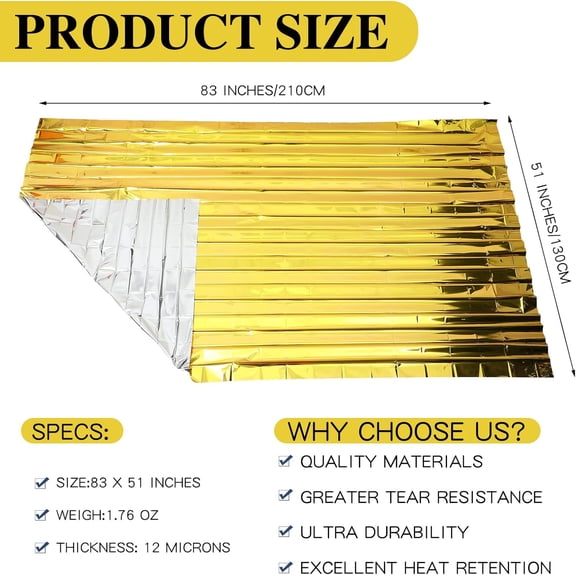 100 Pack Emergency Thermal Blankets Silver Foil Survival Kit for Outdoors, Camping, Hiking, Homeless, First Aid