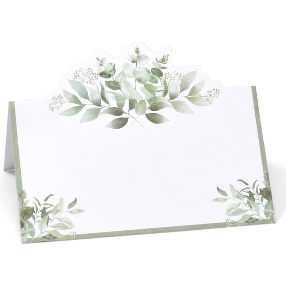 100 Pack Eucalyptus Greenery s Floral Green Leaves Seating Name Card Folded Tent Cards for Baby Shower Reception Tables Placement Party Decorations 2" x 3.5"