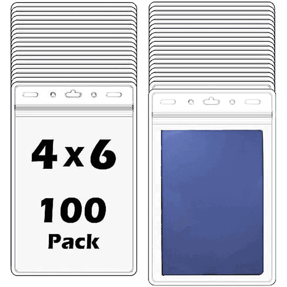 100 Pack -Extra Large 4 3/8 X 6 Passport & Badge Holder - Sealable Clear Plastic 4 X 6 Card Insert Protector for Sports Tickets, Press Passes and Name Badges by$$Office