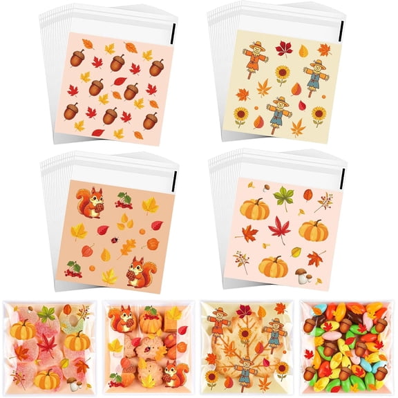 100 Pack Fall Cookie Bags - 4x4 Inch Self-Sealing Autumn Bags, -Safe Cellophane Thanksgiving Goodie Bags for Candy, Biscuit & Small Gifts, Harvest Party Decorations