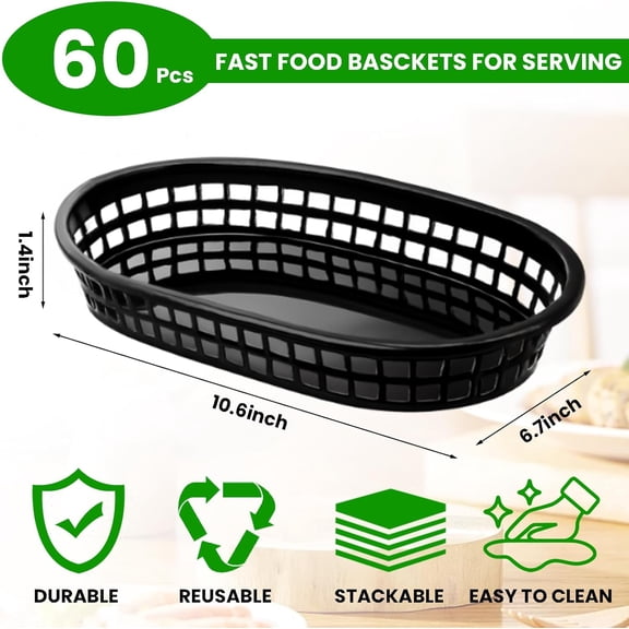 100 Pack Fast Food Baskets, 10.5 x 7 Inch Black Restaurant Tray Plastic Food Serving Baskets Bulk for Deli Serving, Chicken, Burgers, Picnics, Parties (100)