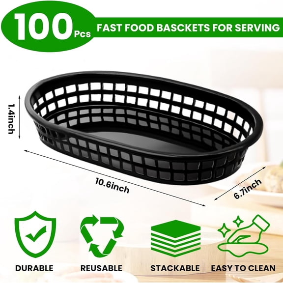 100 Pack Fast Food Baskets - 10.5 x 7 Inch Black Restaurant Tray Plastic Food Serving Baskets