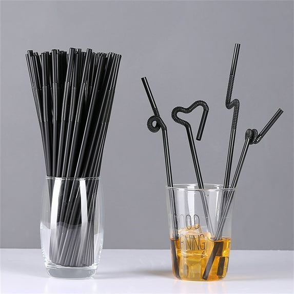 100-Pack Flexible Disposable Plastic Straws - Food Grade Bendable Straws for Boba, Milkshakes & Summer Entertaining (Eco-Conscious Bulk Pack) black
