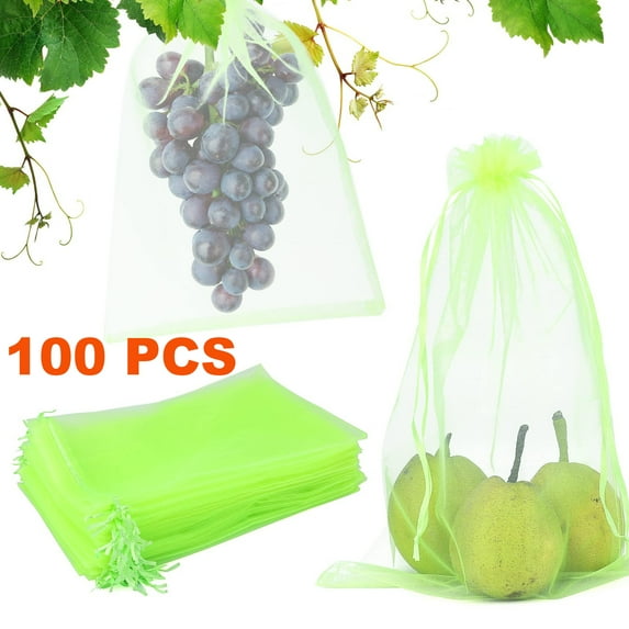 100 Pack Fruit Protector Bags, 6" x 10", Garden Fruit Hedge Bags with Drawstring, Reusable Mesh Bags, Green Mesh Barrier Bags, Fruit Tree Organza Bags, Garden Vegetables