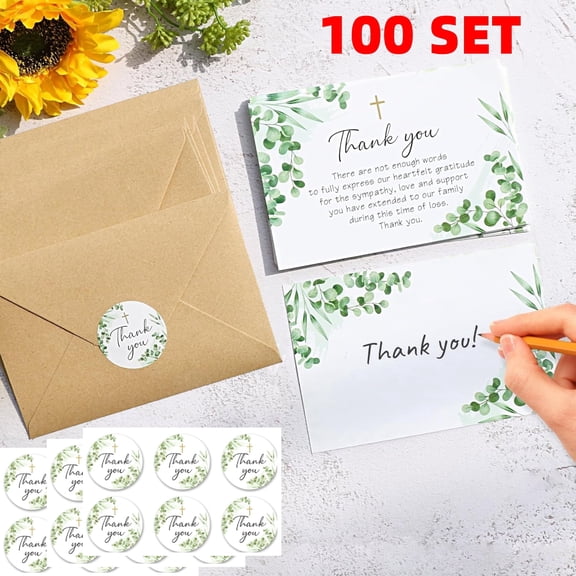 100 Pack Funeral Sympathy Thank You Cards with Envelopes and Matching Seal Stickers, Green Leaf Cross Bereavement Card with Message for Memorial Service Loved Ones Celebration of Life
