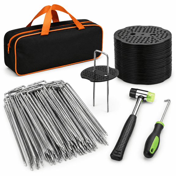 100-Pack Galvanized Steel U-Shaped Garden Stakes Kit with Mallet and Hooks