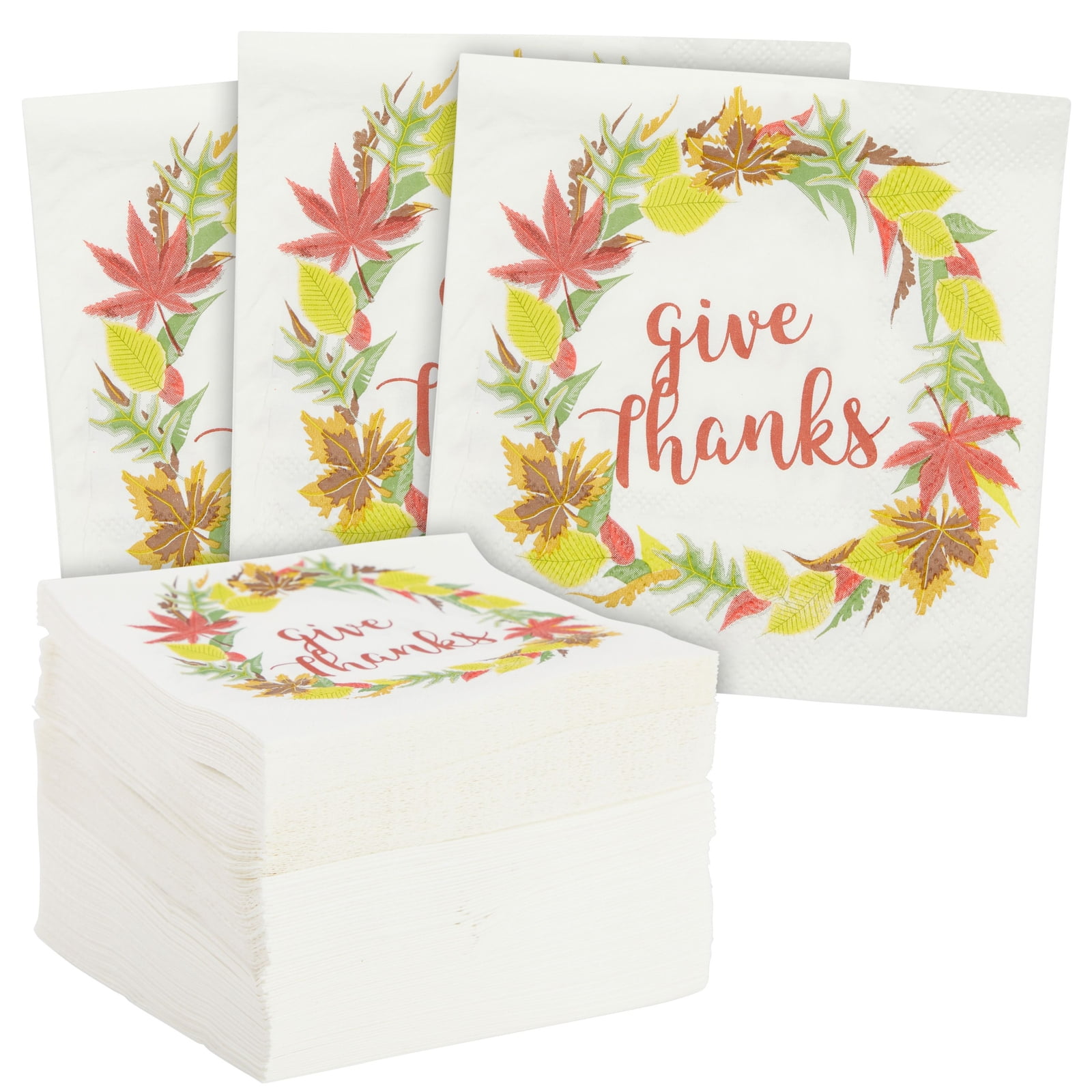 100 Pack Give Thanks Thanksgiving Cocktail Napkins, Fall Leaves Wreath