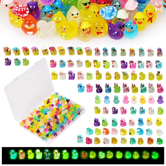 100 Pack Glow in the Dark Multicolor Mini Resin Ducks to Hide, 35 Unique Styles Tiny Duck Figures Bulk for Garden, Terrarium, Potted Plants & Micro Landscape Decor