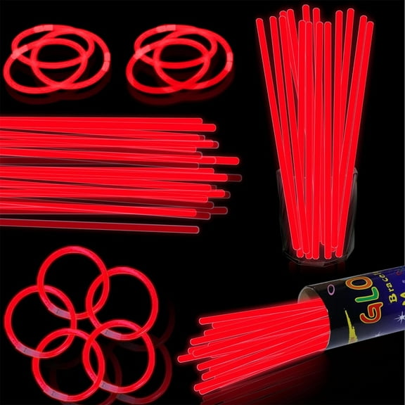 100 Pack Glow Sticks Red Color 8 Inch Length for Concerts Parties Events Night Activities Luminous Wristbands