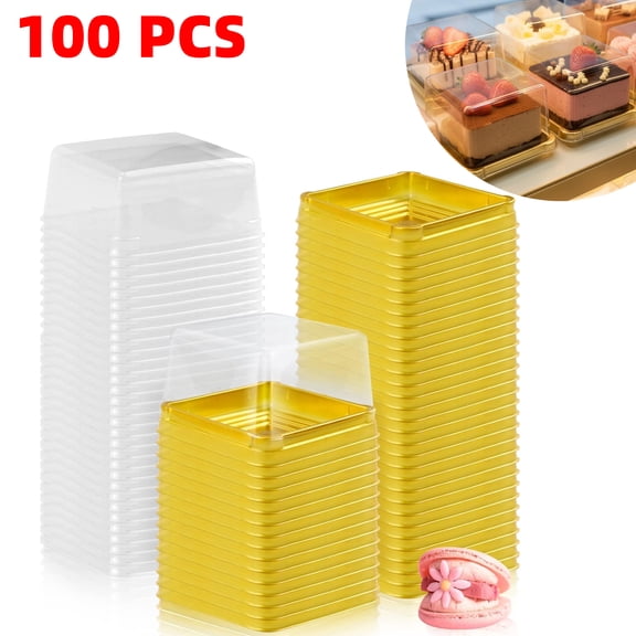 100 Pack Gold 3" Cake Pans with Lids Clear Square Plastic Mini Cake Box Muffin Pan Cookies Box Wedding Birthday Gift Box