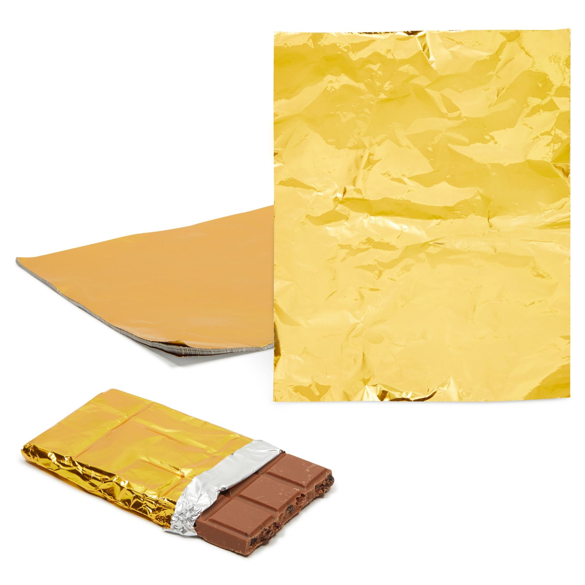 a lot of shiny golden chocolate wrapper in line on white