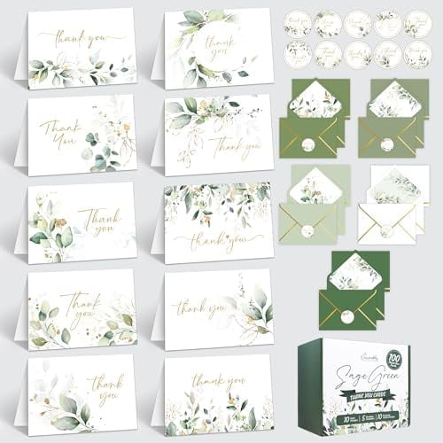 100 Pack Gold-Foiled 6x4in Sage Green Thank You Cards with Envelopes, 10 Elegant Designs Folded Eucalyptus Thank You Cards with Envelopes, Blank Inside - Wedding, Bridal Shower, Baby Shower$$Office