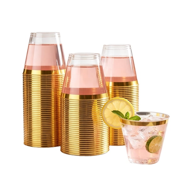 100 Pack Gold Plastic Cups, 9 oz Clear Plastic Tumblers, Elegant Gold Rimmed Cups, Disposable Glasses for Wedding, Thanksgiving Day, Christmas Party