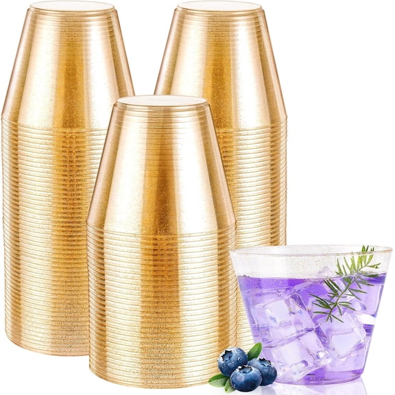 100 Pack Gold Plastic Cups, 9 oz Gold Glitter Plastic Cups,Disposable Cocktail Glasses,Disposable Cup for Wedding,Party,Birthdays,Holidays,Christmas Party Cup